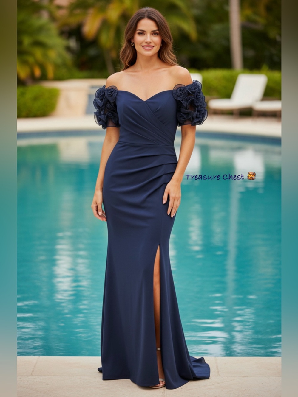 XSCAPE Ruffled Off-The-Shoulder Crepe Mermaid Gown Navy Blue Size 16